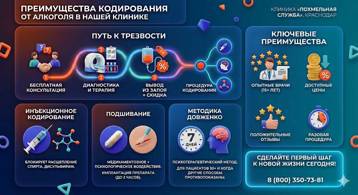 Инфографика о методах кодирования от алкоголя в Краснокаменске: инъекции, подшивание, метод Довженко. Преимущества клиники и этапы лечения.
