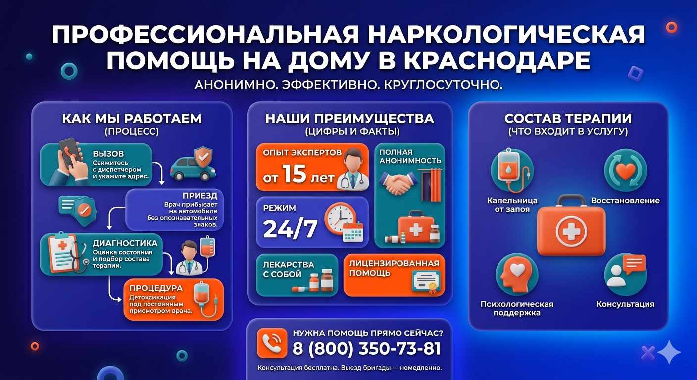 Инфографика о принципах лечения алкоголизма на дому в Краснокаменске: этапы вызова нарколога, преимущества анонимной детоксикации и состав медицинской помощи.